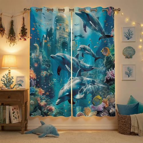 Ocean Blackout Curtains for Kids Bedroom, Dolphin Under the Sea Beach Castle Theme Drapes, Tropical Nautical Window Panels for Boys Girls Living Room, 42 x 63 Inch - color: Ocean Dolphin_04, size: 42"W x 63"L (Pack of 1)
