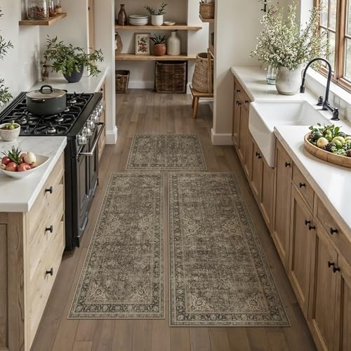 Washable Vintage Brown Kitchen Runner Rug Set of 3 - color: Retro | Brown, size: 20"x32"+20"x48"+30"x50"