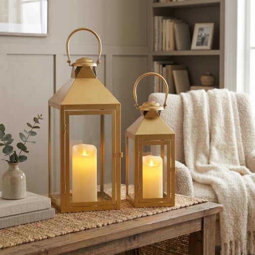 JHY DESIGN Set of 2 Gold Decorative Candle Lanterns 17.5"&13.5" H Metal Hanging Candle Holders for Indoor Outdoor Home Decor Paritie Wedding Ramadan - color: 17.5"&13.5"h Gold