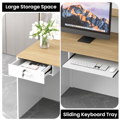 63"Reception Desk with Vertical Slat Panels for Office, Salon & Lobby - color: White/Oak, size: 62.9''L x 23.6''W x 39.3''H