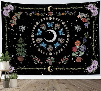 WEENEO Boho Butterfly Moon Tapestry Wall Hanging,Purple Floral,60x40 Inch - color: Black, size: 40"L x 60"W