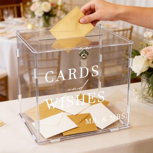 Clear Acrylic Card Box with Slot & Lock, DIY Large Wedding Card Boxes for Reception, Elegant Money Envelop Gift Cards Box for Party Wedding Birthday Baby Shower Graduation Table Decor - style: Clear