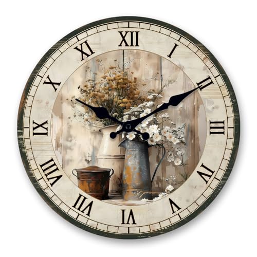 Small Vintage Floral Wall Clock 10 Inch Silent Farmhouse - color: Beige, size: 10 Inch