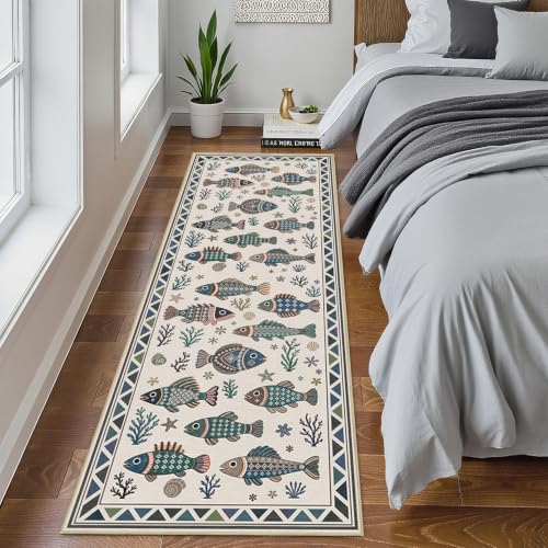 Fish Ocean Runner Rug 2x6 for Hallway Bedroom Coastal Kitchen Rugs Low Pile - color: Fish, size: 2'x6' (Runner)