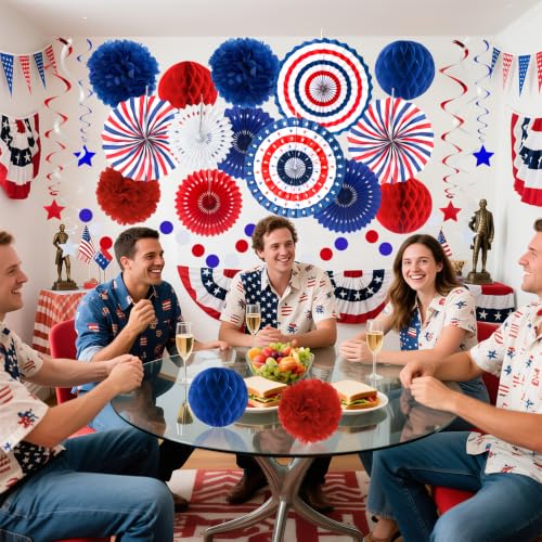 24 Pcs Patriotic 4th of July Decorations Kit, Paper Fans Pom Poms 8-16 in - color: Red, White and Blue