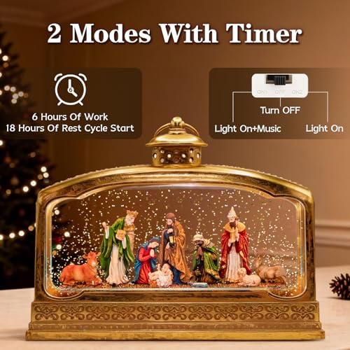 Premium Nativity Christmas Lantern, 11.5" Lighted Snow Globe with Mary Joseph Baby Jesus Scene, Musical Water Lantern with 8 Songs, 6H Timer, USB & Battery Powered, Religious Holiday Decor Gift - color: Gold 31