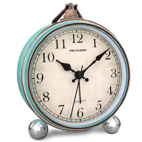 Peakeep 4" Small Battery Operated Analog Alarm Clock, Antique Retro Style - color: Aqua