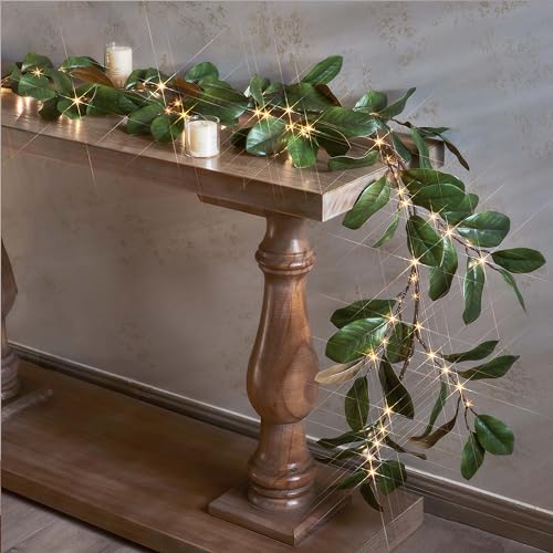 LITBLOOM Faux Magnolia Garland with Lights 6FT Battery Operated with Timer or USB Plug in, Lighted Greenery Garland with 80 Fairy Lights for Home Fireplace Mantle Holiday Decoration Inside - style: Magnolia