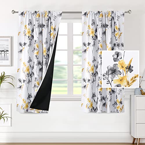 H.VERSAILTEX 100% Blackout Curtains 63 Inches for Kitchen, Grey/Yellow - color: Grey/Yellow, size: 52"W x 63"L (Pack of 2)
