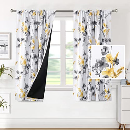 H.VERSAILTEX 100% Blackout Curtains 63 Inches for Kitchen, Grey/Yellow - color: Grey/Yellow, size: 52"W x 63"L (Pack of 2)