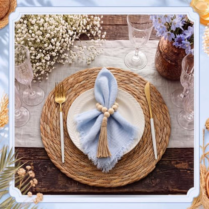 Fanfanwin Set of 6 Boho Woven Placemats with Light Blue Napkins, 13 in - color: Light Blue