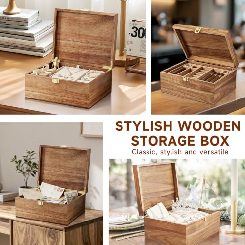 2-Piece Acacia Wooden Keepsake Storage Box with Flip-Top, Natural Color