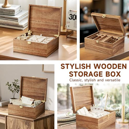 2-Piece Acacia Wooden Keepsake Storage Box with Flip-Top, Natural Color