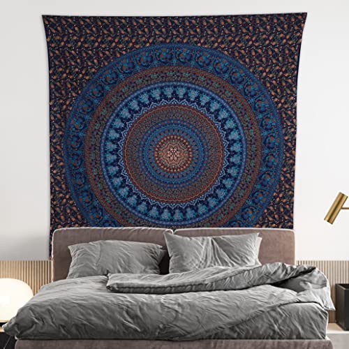 Bless International Indian-hippie-gypsy Bohemian-psychedelic Cotton-mandala Wall-hanging-tapestry-multi-color Large-mandala Hippie-tapestry (Blue Gold, King (88x104Inches)(225x265Cms)) - color: Blue Gold, size: 104"L x 88"W