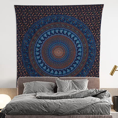 Bless International Indian-hippie-gypsy Bohemian-psychedelic Cotton-mandala Wall-hanging-tapestry-multi-color Large-mandala Hippie-tapestry (Blue Gold, King (88x104Inches)(225x265Cms)) - color: Blue Gold, size: 104"L x 88"W