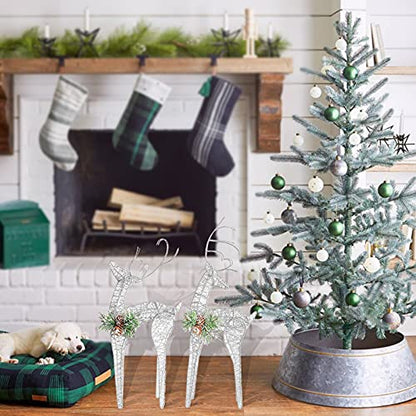 2pc Set White Pinecone Rattan Silver Thread String Christmas Reindeer Figurine Table Desk Decorations Glittering Xmas Holiday Party Supply - color: Silver