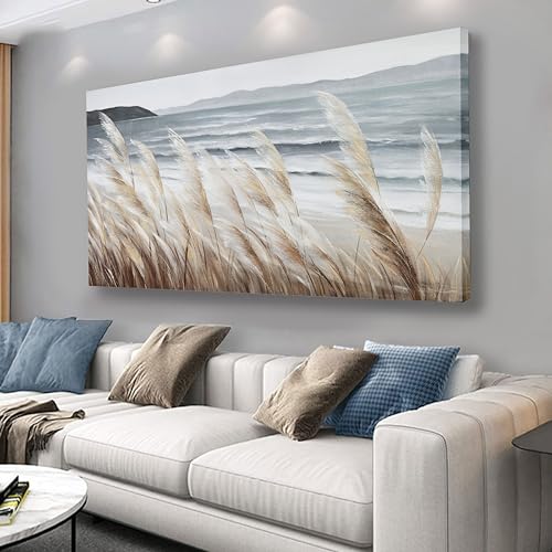 Plant Wall Art Nature Wall Art Reed Seascape Canvas Painting Wall Decor Framed Artwork for Bedroom Living Room Decoration Home Kitchen Office 24"x48" - color: Off-white, size: 48"L x 24"W