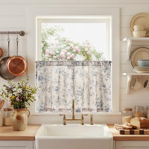 jinchan Floral Linen Kitchen Tier Curtains, 24 Inch, 2 Panels, Blue - color: Amlie Blue, size: 26"W x 24"L (Pack of 2)