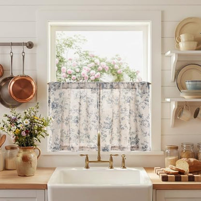 jinchan Floral Linen Kitchen Tier Curtains, 24 Inch, 2 Panels, Blue - color: Amlie Blue, size: 26"W x 24"L (Pack of 2)