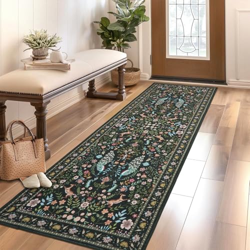 Garvee Washable Runner Rug 2x6 Hallway Runner Rug Peacock Floral Rugs Green - color: Green, size: 2' x 6' (Rectangular)