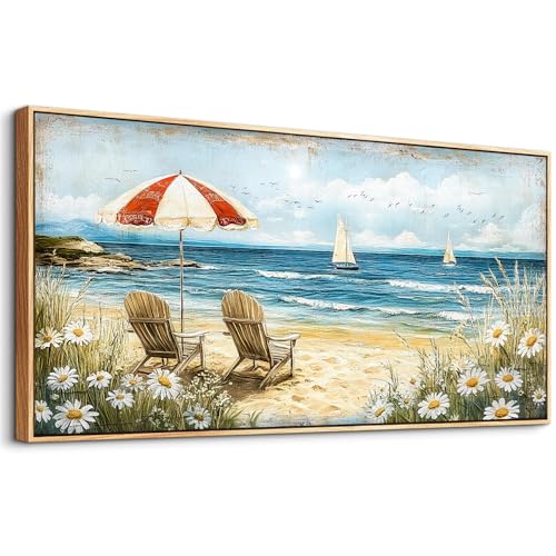 ERQINHUA Large Wall Decor Canvas Painting Wall Art For Living Room Bedroom Home Decoration Blue Seaside Landscape Painting Print For office Dining Room Bathroom Wall Aesthetics Wood Frame 30x60 In - color: Blue Seaside Landscape Painting Wood Frame, size: