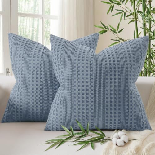 a moment 2 Pack Bamboo Fiber Pillow Covers - Waffle Weave, Ultra Soft & Breathable, Skin-Friendly Cotton Throw Pillow for Couch, Sofa, Bedroom Living Room 22x22 Inch Blue - color: Blue, size: 22" x 22" (Pack of 2)