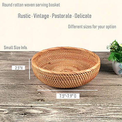 Hadewoven Round Rattan Fruit Basket Wicker Food Tray Weaving Storage Holder Dining Room Bowl, 8 Inch Small Bread Baskets Tray for Serving with Deep Wall, Brown (Small 7.48”) - size: Small 7.48"