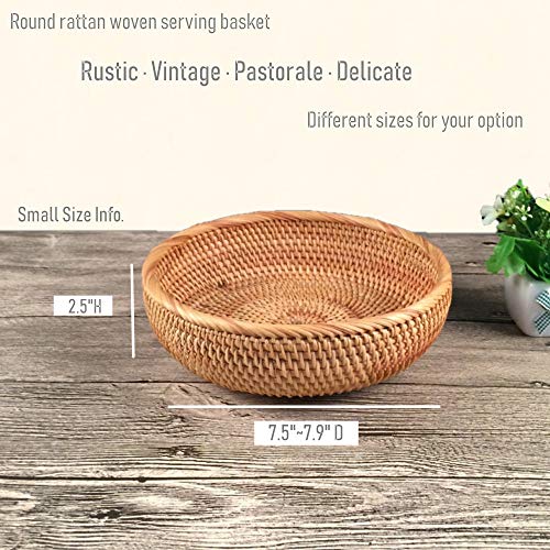 Hadewoven Round Rattan Fruit Basket Wicker Food Tray Weaving Storage Holder Dining Room Bowl, 8 Inch Small Bread Baskets Tray for Serving with Deep Wall, Brown (Small 7.48”) - size: Small 7.48"