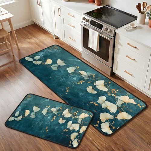 Classic Kitchen Mats for Floor, 2-Piece Non-Slip Kitchen Rugs - color: Ginkgo Leaf