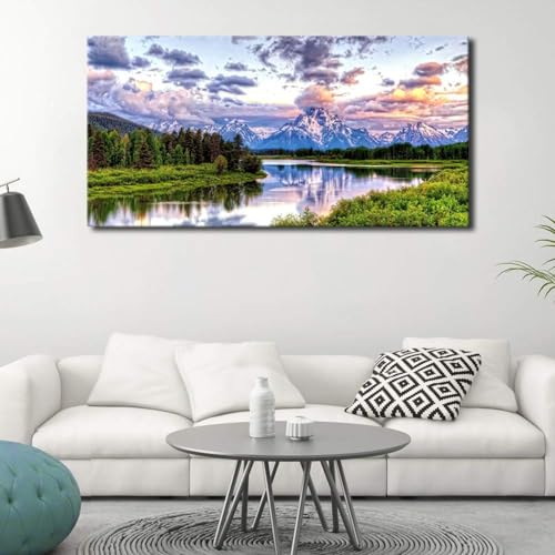 Grand Teton Canvas Wall Art Oxbow Bend Mountain River Pictures, 29"x58" - color: National Park, size: 58"L x 29"W