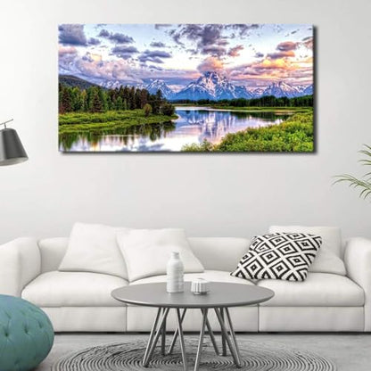 Grand Teton Canvas Wall Art Oxbow Bend Mountain River Pictures, 29"x58" - color: National Park, size: 58"L x 29"W