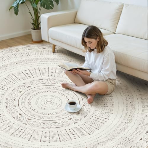 cotiled 8x8 Round Rug 8ft Circle Living Room Boho Area Rugs - color: Light Brown/Cream, size: 8' (Round)