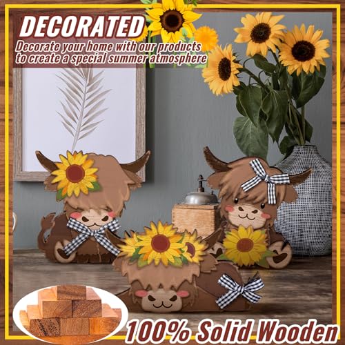 GlikCeil 3 Pcs Sunflower Highland Cow Table Decorations Wooden Centerpiece - style: Sunflower