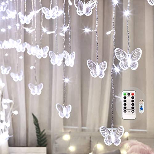 Butterfly Curtain Fairy Lights USB Plug in,8 Modes 120 LED 19.7FT Firefly Twinkle Timer String Lights with Remote, Waterproof Copper Wire for Bedroom Patio Christmas Wedding Party Dorm (Cool White) - color: Cool White