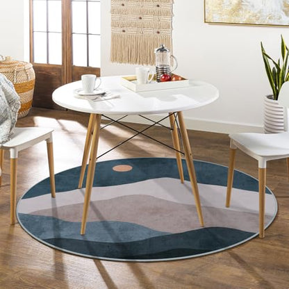 4ft Abstract Round Area Rug, Blue Washable Mountain Sun Circle Rugs - color: Blue, size: 4' (Round)