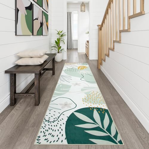 Lahome Green Runner Rugs for Hallway 2x10, Extra Long Washable Non-Slip Kitchen Rug Lightweight Stair Carpet Runner, Boho Botanical Print Soft Entrance Bath Laundry Living Room 2' x 10' - color: Green, size: 2' x 10' Runner