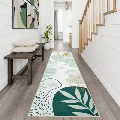 Lahome Green Runner Rugs for Hallway 2x10, Extra Long Washable Non-Slip Kitchen Rug Lightweight Stair Carpet Runner, Boho Botanical Print Soft Entrance Bath Laundry Living Room 2' x 10' - color: Green, size: 2' x 10' Runner