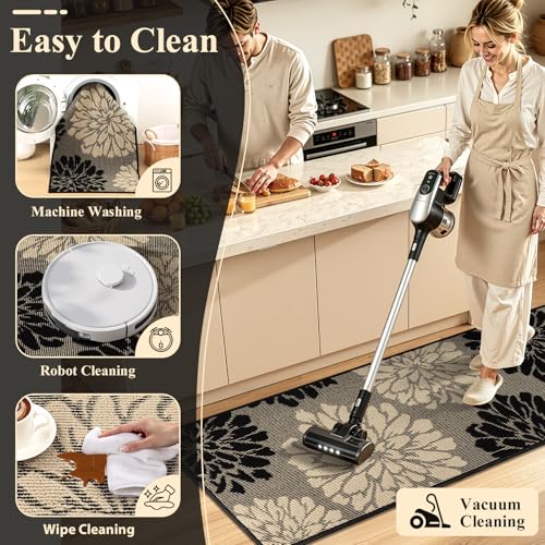 Findosom Kitchen Rugs Sets of 2, Floral Washable Kitchen Runner Rug, Black - color: Black/Beige, size: 24" x 36" + 24" x 71"