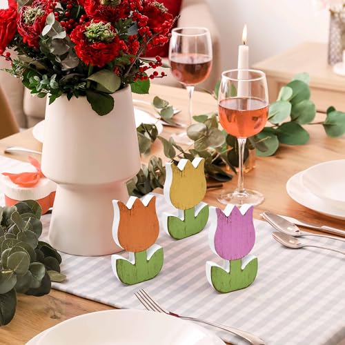 Gift Boutique 6Pcs Spring Tulip Wooden Signs Rustic Farmhouse Flower Table Decorations, Floral Tiered Tray Centerpieces, Tulips Flower Block Tabletop Home Decor