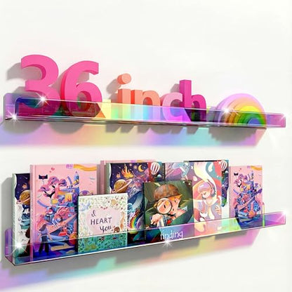2 Pack RORKIM 36 Inch Iridescent Acrylic Floating Shelf, Kids Bookshelf - color: 36in-iridescent