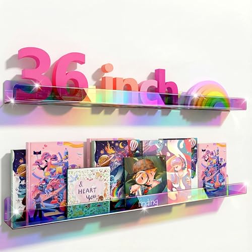 2 Pack RORKIM 36 Inch Iridescent Acrylic Floating Shelf, Kids Bookshelf - color: 36in-iridescent