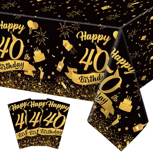 3 Pack 40th Birthday Plastic Tablecloth, Black Gold Disposable Table Cover - color: 40th Birthday
