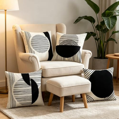 IcosaMro Boho Pillow Covers 18x18 Set of 4 Black and White Mid Century - color: Black Strip & Circle