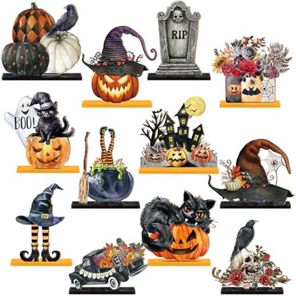 Marsui 12 Pcs Halloween Wooden Decor Pumpkin Ghost Cat Centerpieces - style: Halloween