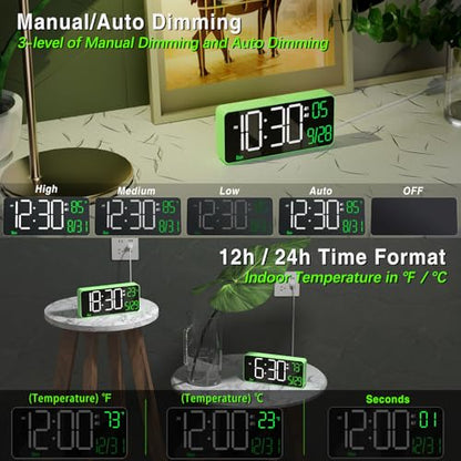 KOSUMOSU Digital Clock for Bedroom, 6.7in Desk Clock, Auto Dimming, Room Temperature, Day of The Week, Date, Seconds, Clocks for Living Room, Alarm Clocks for Bedrooms - color: Green (White + Green Digits)