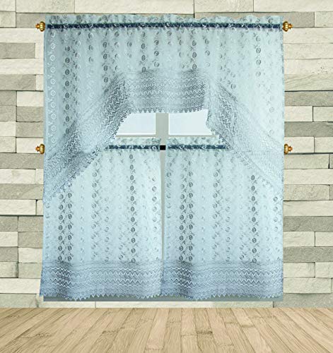 B&H Home Michel Floral Embroidered 3-Piece Kitchen Curtain Window Treatment Set (Michell Grey) - color: Michel Grey