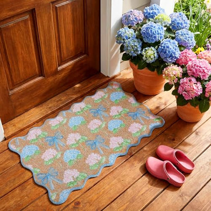 Dunzy Hydrangea Doormat Pink Blue Bow Scalloped Welcome Front Door Mat - style: Hydrangea Bow