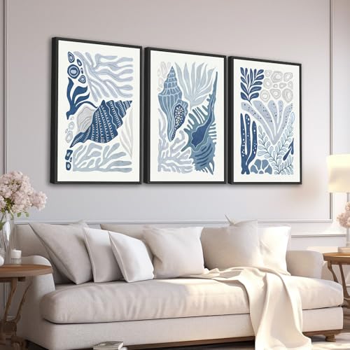 Large Framed Marine Life Wall Art, Minimalist Ocean Decor, 20"x28"x3 - color: blue, size: 20"x28"x3 Framed
