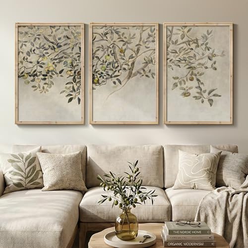 Large Vintage Framed 3 Piece Tree Wall Art for Living Room, 24x36 In - color: Beige & Green, size: 24" W x 36" H x 3Pcs