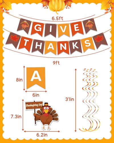 Kidific 45 Pcs Thanksgiving Decorations, GIVE THANKS Banner with Hanging Swirls for Indoor Wall, Friendsgiving Decorations for Party Office Home Classroom